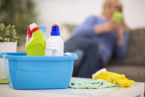 Cleaner working in a compact London flat kitchen